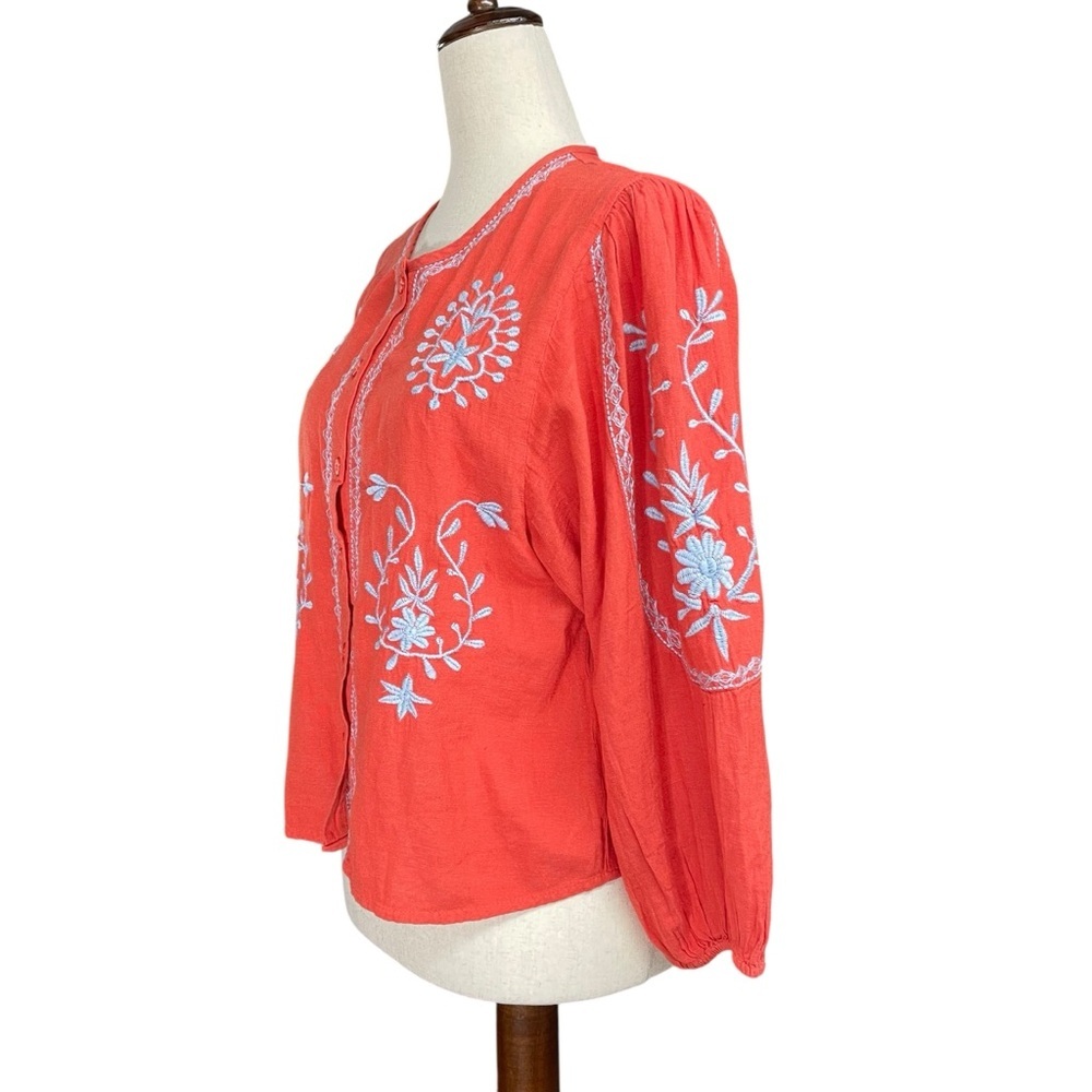 ONLY Linen Blend Boho Long Sleeve Embroidered Peasant Red Top Blouse Size XS - Picture 2 of 14
